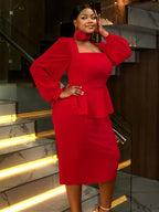 Red Midi Wedding Guest Dress Long Sleeve Floral Trim Fit
