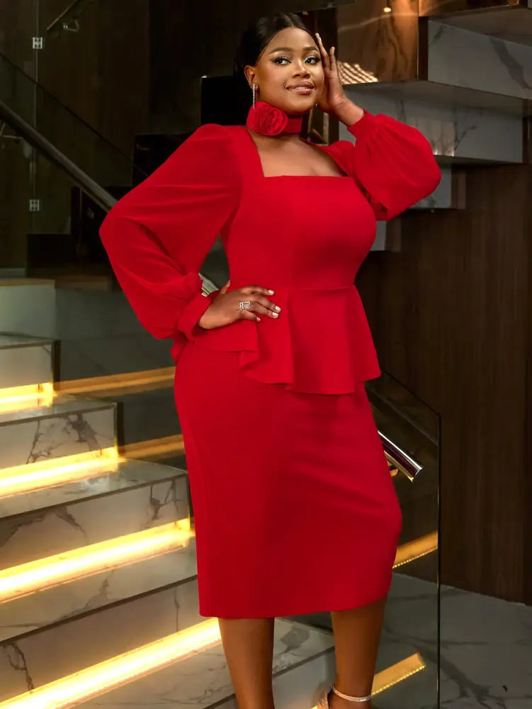 Red Midi Wedding Guest Dress Long Sleeve Floral Trim Fit