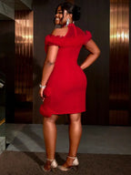 Red Mini Dress Halter Cold Shoulder Patchwork Mesh Ruffles