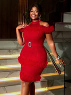 Red Mini Dress Halter Cold Shoulder Patchwork Mesh Ruffles