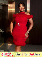 Red Mini Dress Halter Cold Shoulder Patchwork Mesh Ruffles