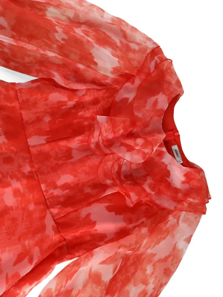 Red Print Round Neck Puff Sleeve Wedding Party Dress Flouncy