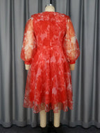 Red Print Round Neck Puff Sleeve Wedding Party Dress Flouncy