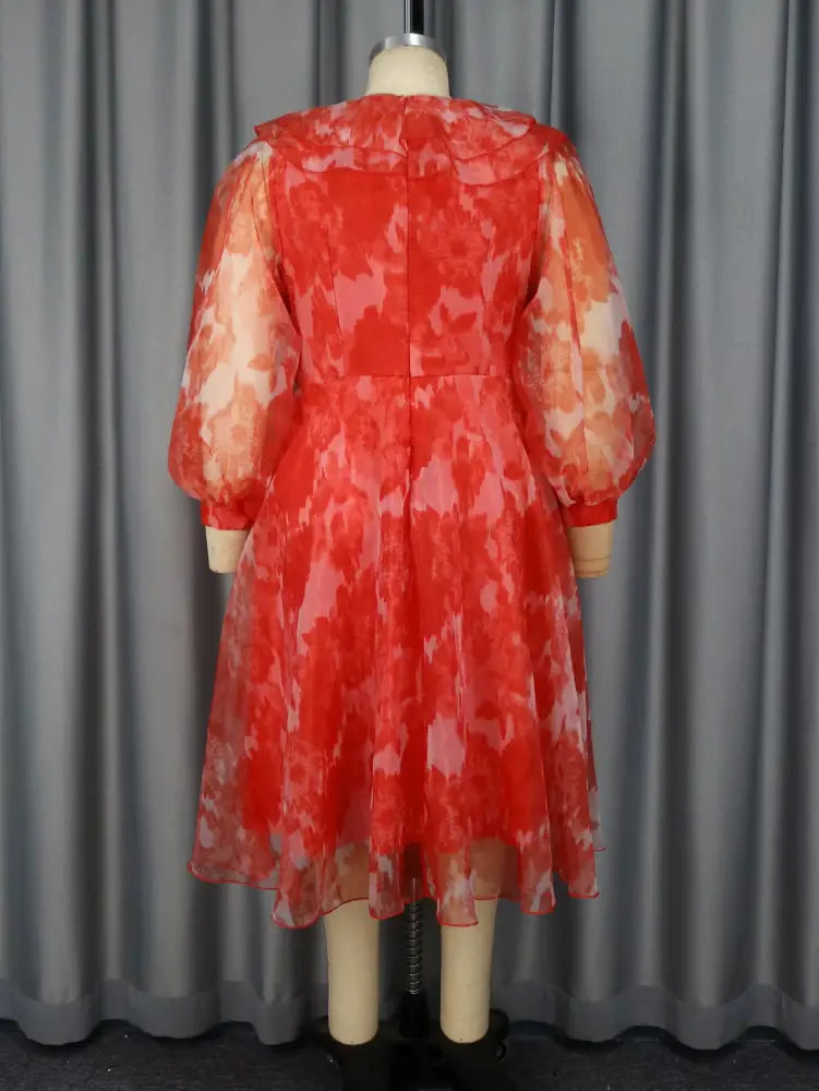 Red Print Round Neck Puff Sleeve Wedding Party Dress Flouncy