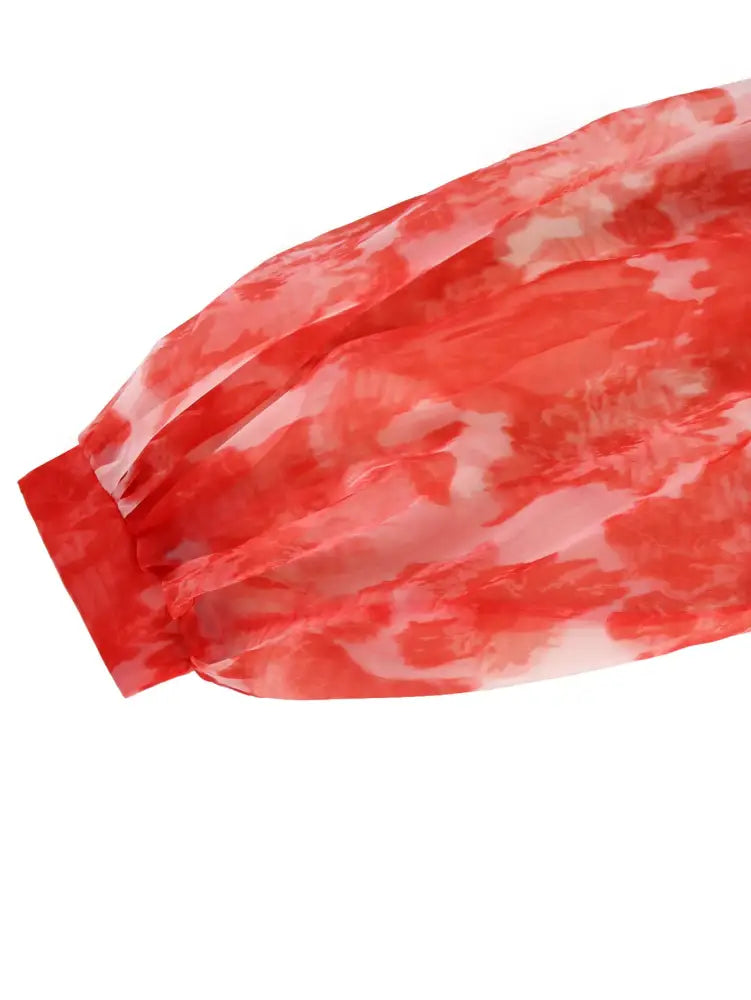 Red Print Round Neck Puff Sleeve Wedding Party Dress Flouncy