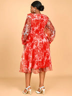Red Print Round Neck Puff Sleeve Wedding Party Dress Flouncy