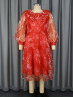 Red Print Round Neck Puff Sleeve Wedding Party Dress Flouncy
