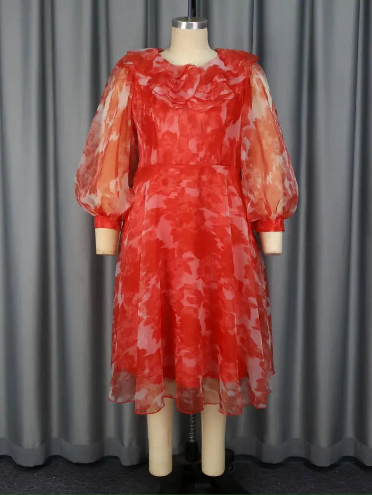 Red Print Round Neck Puff Sleeve Wedding Party Dress Flouncy