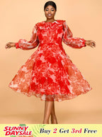 Red Print Round Neck Puff Sleeve Wedding Party Dress Flouncy