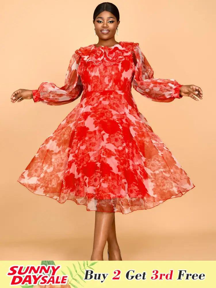 Red Print Round Neck Puff Sleeve Wedding Party Dress Flouncy
