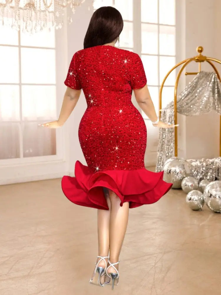 Red Sequins Trumpet Dress V Neck Short Sleeves Patchwork