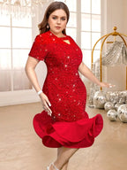 Red Sequins Trumpet Dress V Neck Short Sleeves Patchwork