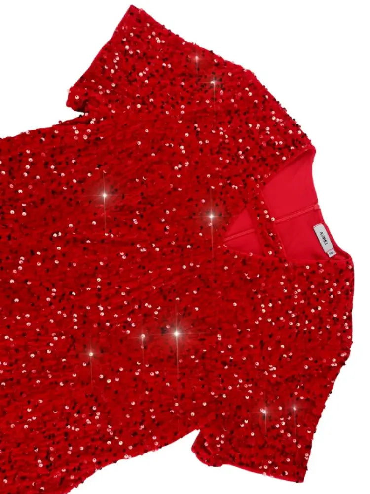 Red Sequins Trumpet Dress V Neck Short Sleeves Patchwork
