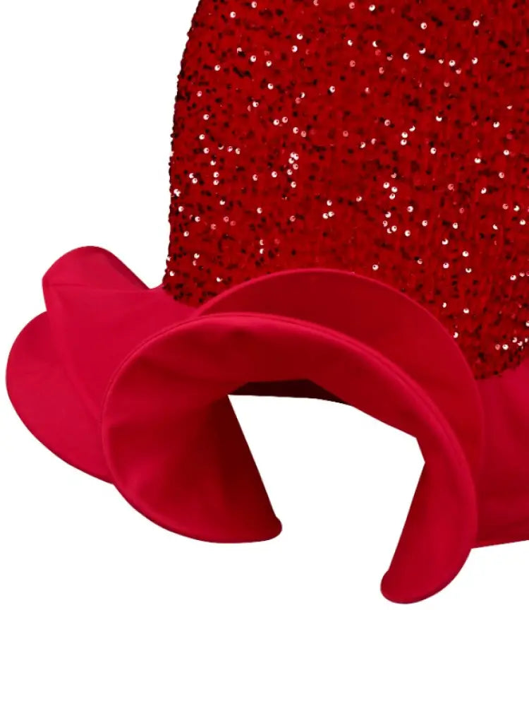 Red Sequins Trumpet Dress V Neck Short Sleeves Patchwork
