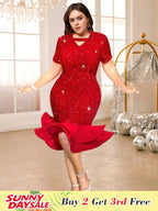 Red Sequins Trumpet Dress V Neck Short Sleeves Patchwork