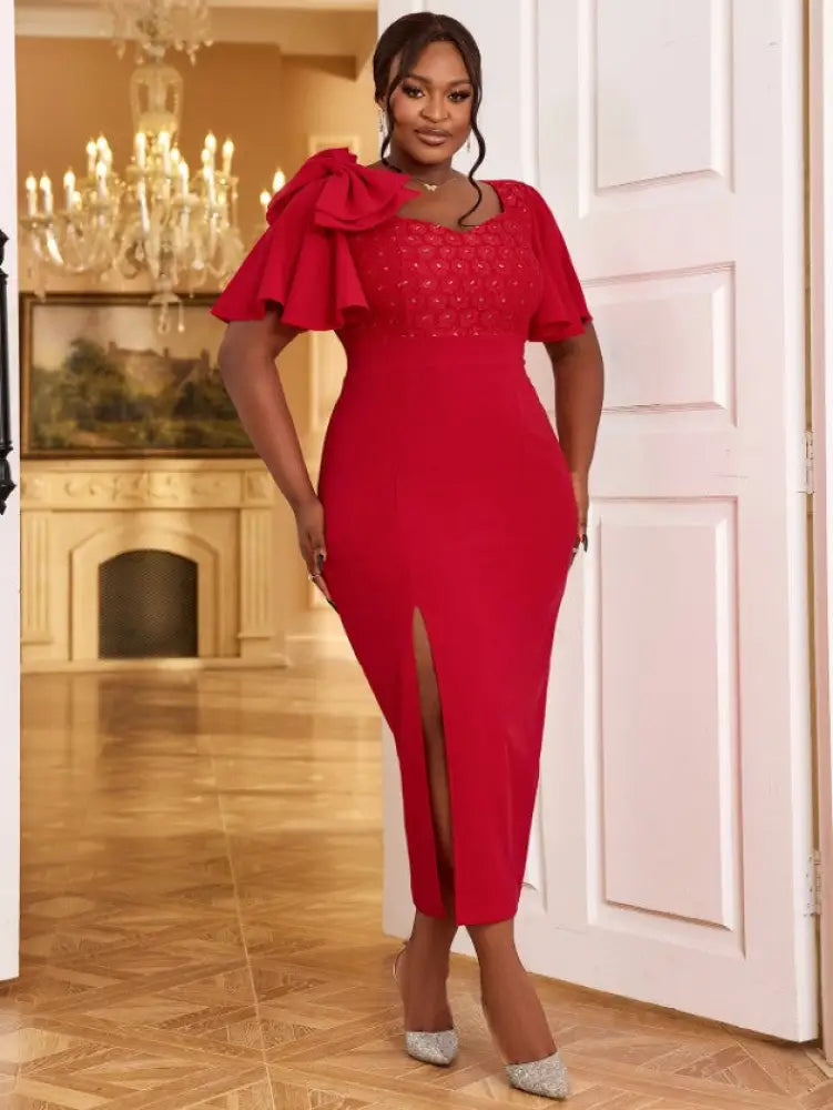 Red V Neck Dress Butterfly Sleeves Bowtie Lace Patchwork