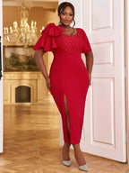 Red V Neck Dress Butterfly Sleeves Bowtie Lace Patchwork