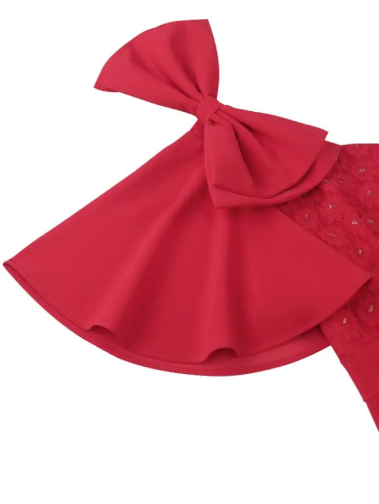 Red V Neck Dress Butterfly Sleeves Bowtie Lace Patchwork