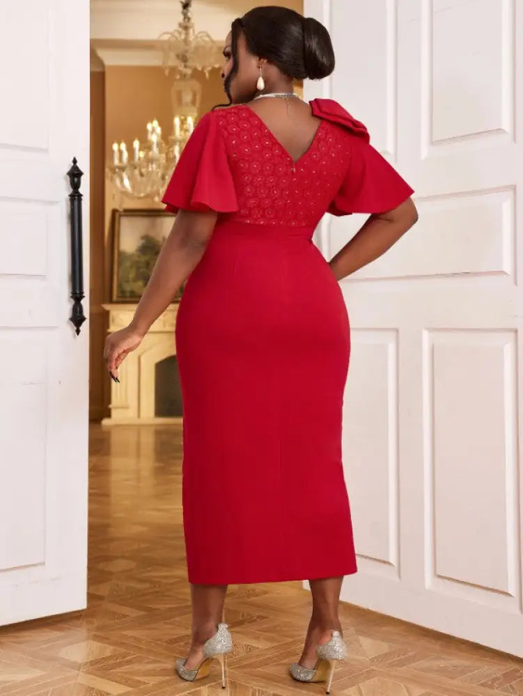 Red V Neck Dress Butterfly Sleeves Bowtie Lace Patchwork