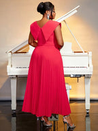 Red V Neck Sleeveless Button High Waist Long Pleated Dress