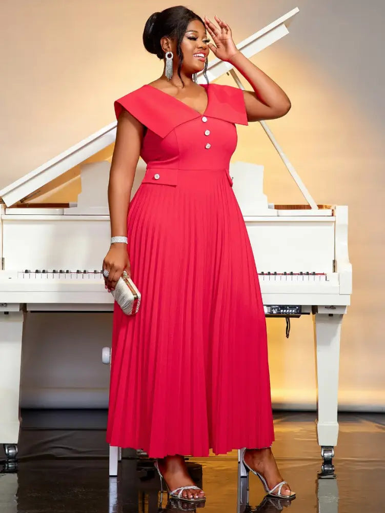 Red V Neck Sleeveless Button High Waist Long Pleated Dress