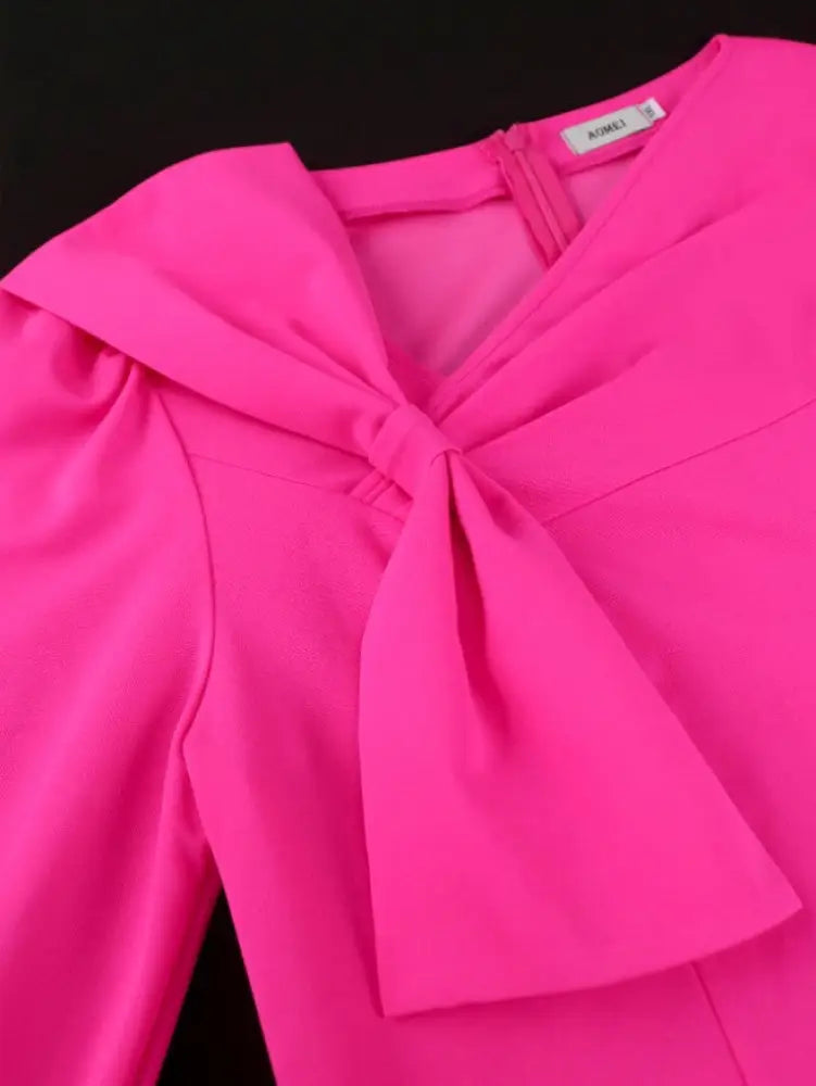 Rose A Line Dress Asymmetrical Neck Bowtie Long Sleeves