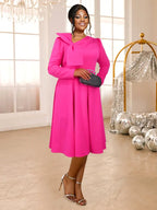 Rose A Line Dress Asymmetrical Neck Bowtie Long Sleeves