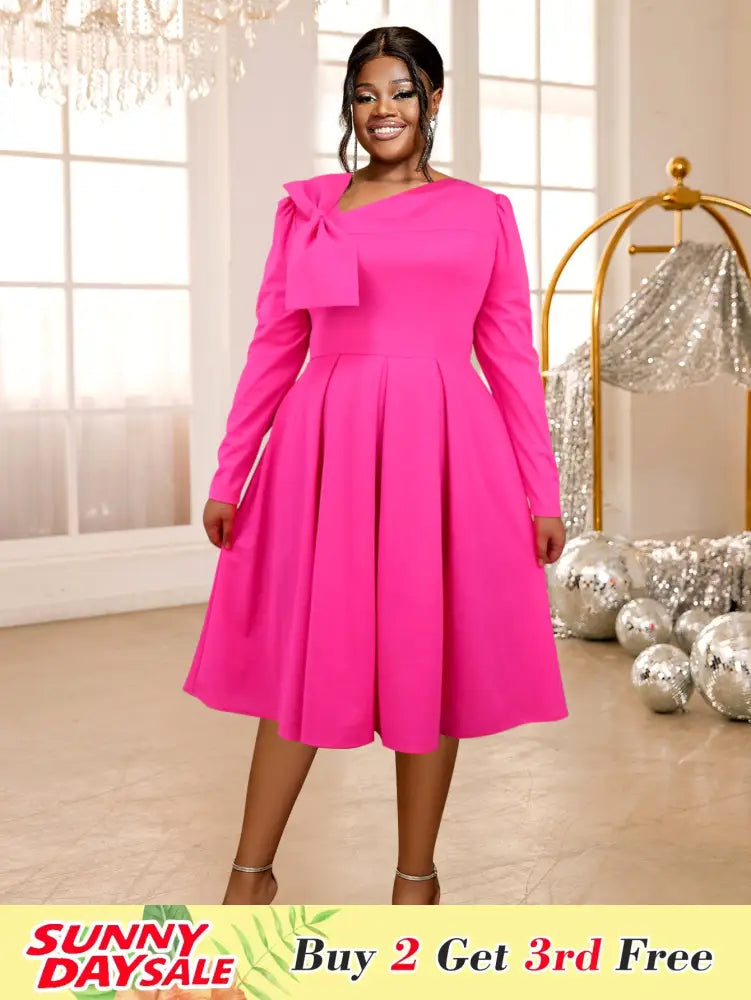 Rose A Line Dress Asymmetrical Neck Bowtie Long Sleeves