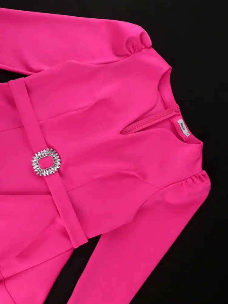 Rose Bodycon Dress V Neck Long Sleeve Ruffles Asymmetrical