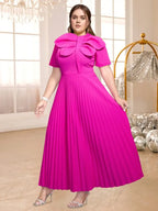 Rose Pleated Dress O Neck Short Sleeves Big Bow High Waist