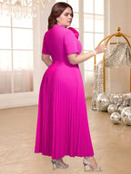 Rose Pleated Dress O Neck Short Sleeves Big Bow High Waist