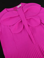 Rose Pleated Dress O Neck Short Sleeves Big Bow High Waist