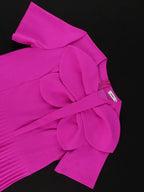 Rose Pleated Dress O Neck Short Sleeves Big Bow High Waist