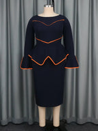 Round Neck Commuter Flare Long Sleeve Dress in Navy