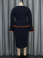 Round Neck Commuter Flare Long Sleeve Dress in Navy