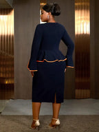 Round Neck Commuter Flare Long Sleeve Dress in Navy