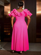 Ruffled Short Sleeved Maxi Dress Round Neck Diamond Belt