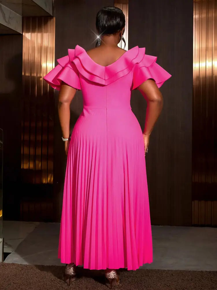 Ruffled Short Sleeved Maxi Dress Round Neck Diamond Belt