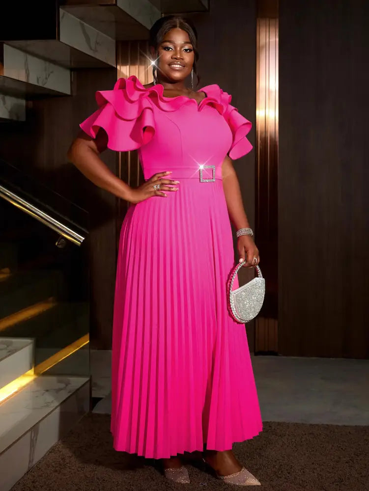 Ruffled Short Sleeved Maxi Dress Round Neck Diamond Belt