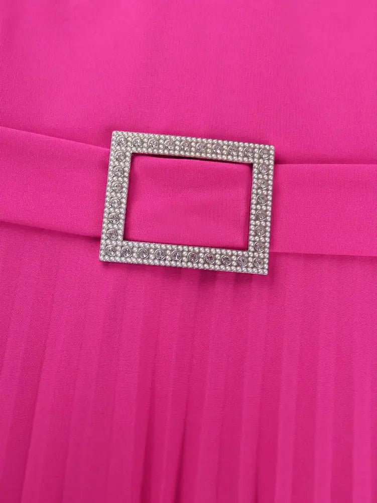 Ruffled Short Sleeved Maxi Dress Round Neck Diamond Belt