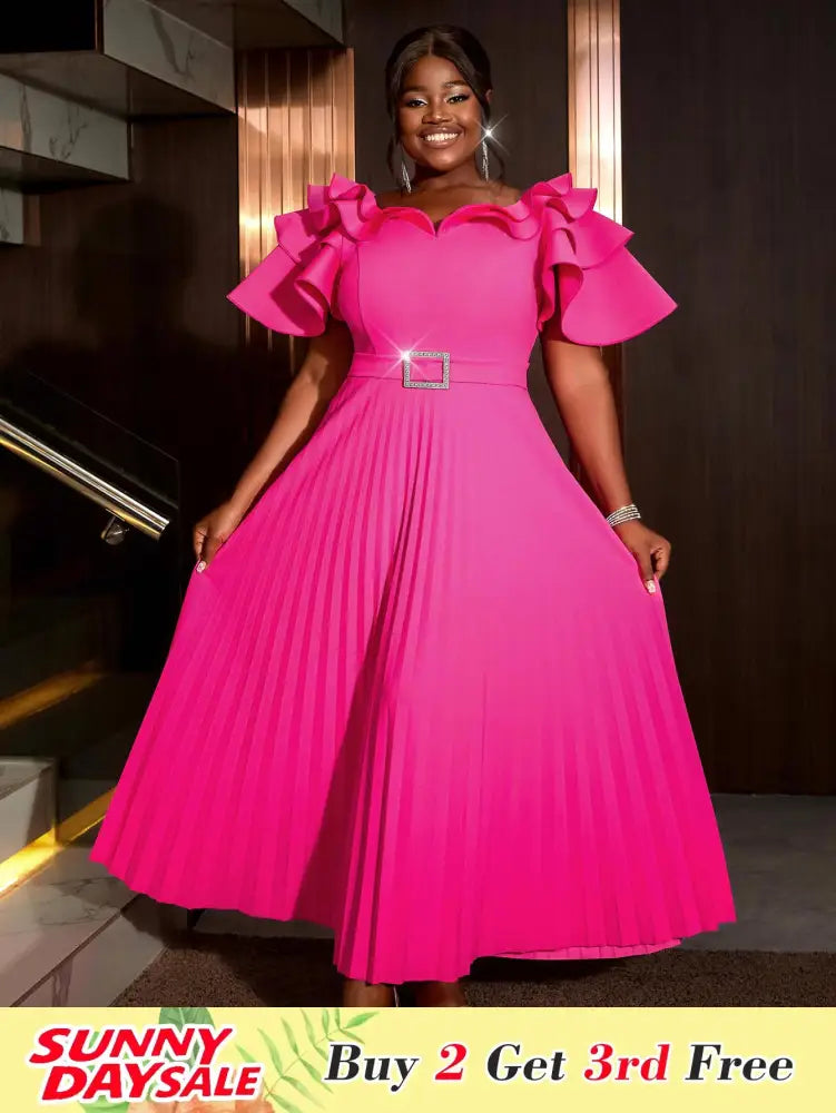 Ruffled Short Sleeved Maxi Dress Round Neck Diamond Belt