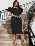 Ruffles Sleeve Church Dresses for Women V Neck Diamonds