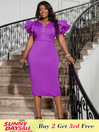 Ruffles Sleeve Church Dresses for Women V Neck Diamonds
