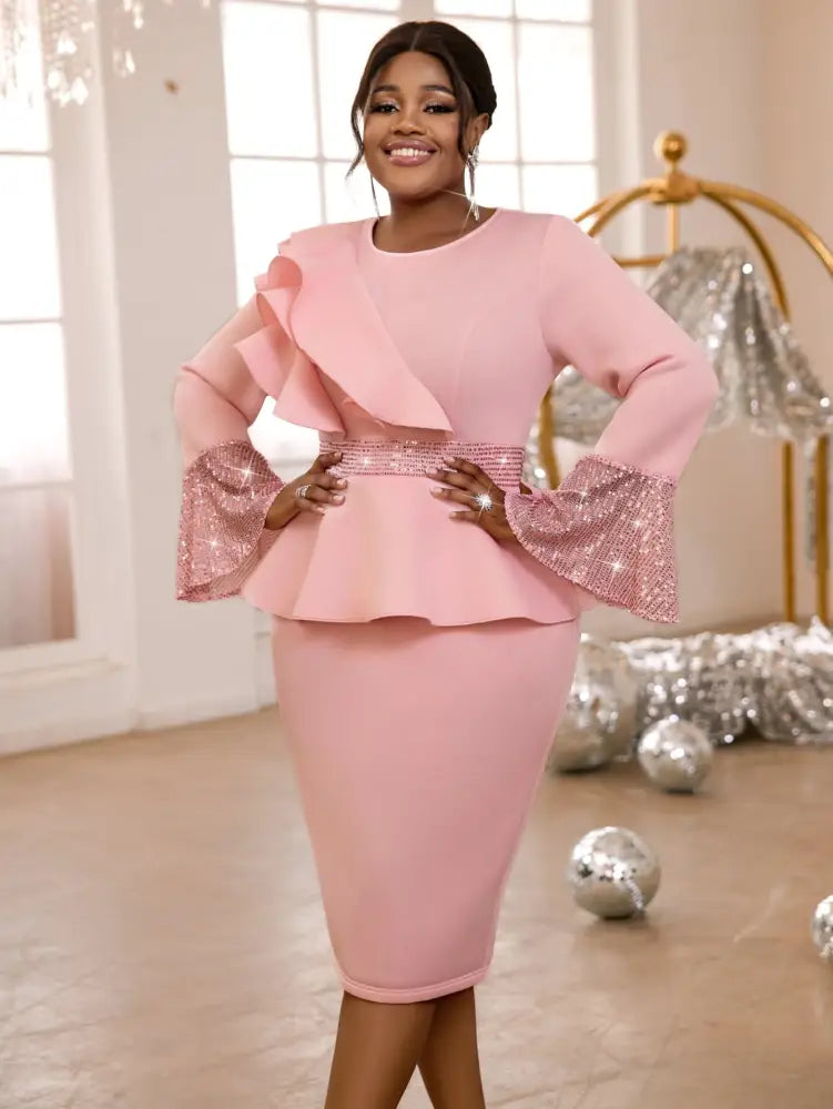 Sequined Peplum Church Dress with Ruffled Long Flare Sleeves