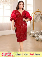 Sequins Bodycon Dress Deep V Neck Patchwork Puff Sleeves
