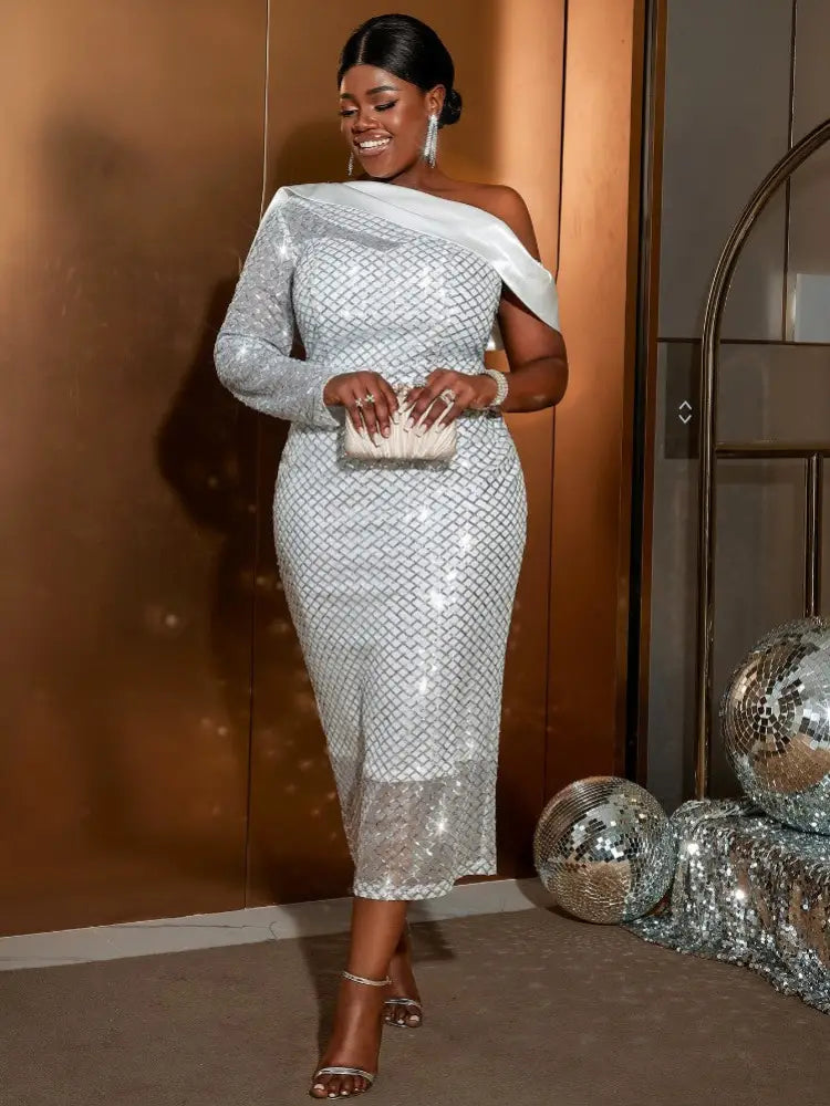 Sequins Plus Size Party Dresses One Shoulder Prom Dress White Bridal Shower Dresses