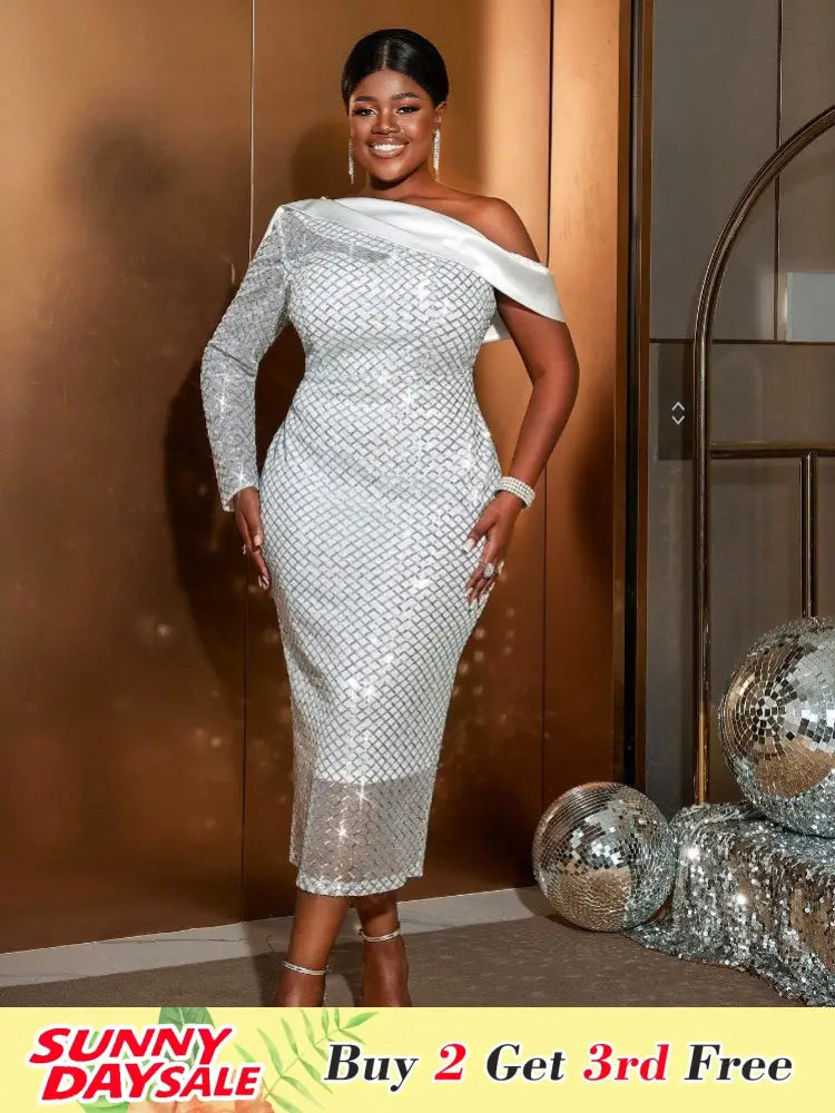 Sequins Plus Size Party Dresses One Shoulder Prom Dress White Bridal Shower Dresses