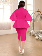 Sheath Midi Dress V Neck Lantern Sleeves Appliques Peplum