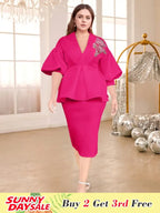 Sheath Midi Dress V Neck Lantern Sleeves Appliques Peplum