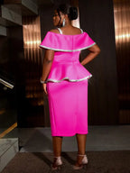 Shiny Strap Off Shoulder Peplum Dress Sexy Slim Midi